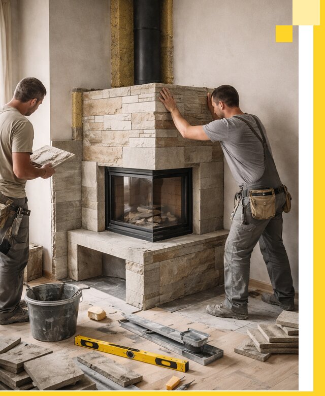 Угловые камины под ключ проект, монтаж и отделка в Чебаркуле